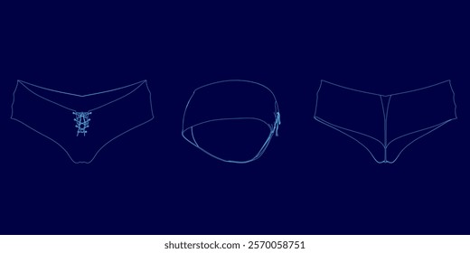 Three drawings of underwear are shown in a blue background. The drawings are of different styles and sizes, but they all have the same basic shape. Scene is playful and lighthearted