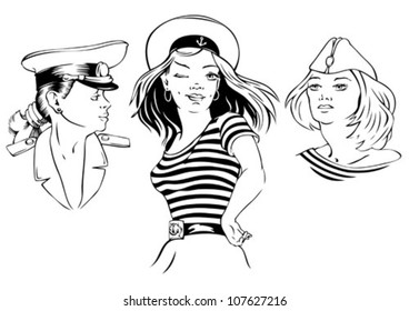 Three drawn portraits of beautiful girls. Vector illustration.