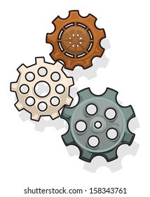 Three drawn random gears, cogs, vector illustration