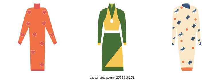 Three dresses in orange, green, and beige designs. Vector illustration.
