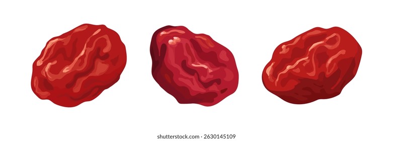 Three dried cranberries or red dates in a realistic vector style on a white background, great for food, nutrition, and healthy snack themes