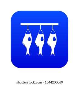Three dried fish hanging on a rope icon digital blue for any design isolated on white vector illustration
