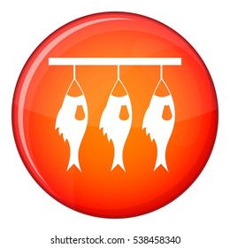 Three dried fish hanging on a rope icon in red circle isolated on white background vector illustration