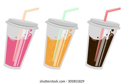 Three drinks. Berry juice. Orange fresh. Cola.
