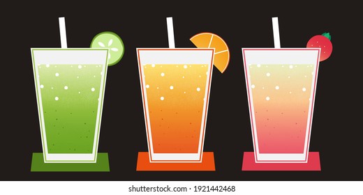 Three drinks: cucumber smoothie, orange smoothie and strawberry smoothie.