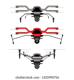 Three drones with cameras and different landing elements