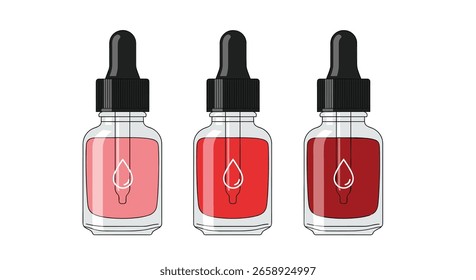 Three dropper bottles filled with colorful liquid for cosmetic or pharmaceutical use representing different shades of pink and red showcasing dropper functionality and precision dispensing