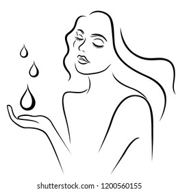 Three drops of water drip into the hand of graceful woman with her eyes closed, hand drawing vector illustration