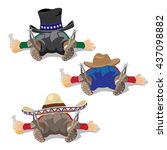 Three drunken men in hats lie with a bottle of alcohol in hand. Vector.