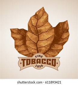 Three dry tobacco leaves with label. Eps8. RGB Global colors