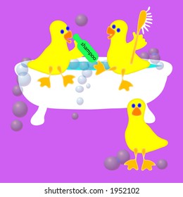 Three ducks and a bathtubfull of bubbles. Illustration.