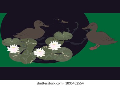 three ducks and big beautiful pink flowers.vector illustration.
