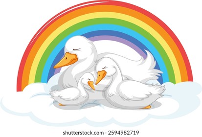 Three ducks cuddling on clouds beneath a rainbow