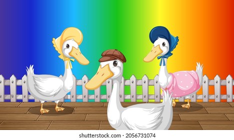 Three ducks farm animals on rainbow gradient background illustration