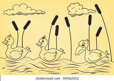 Three ducks on a pond, the third one is sad ugly duckling