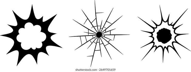 Three dynamic black and white illustrations depict explosion effects and cracks. Each design showcases distinct shapes and textures, emphasizing energy and impact in a creative manner.