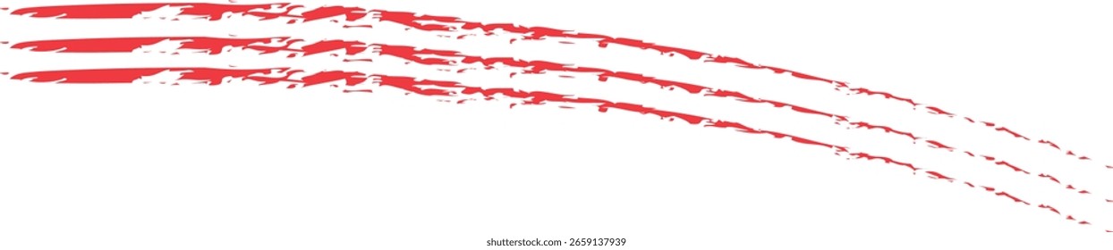 Three dynamic red abstract brush strokes with jagged edges flow diagonally across a clean white background.