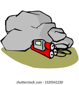 Three Dynamites with a detonator under a stone.