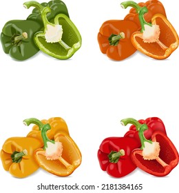 Tres pimientos rojos, verdes, amarillos y anaranjados para pancartas, pancartas, afiches, medios sociales. Pimientos enteros y medio dulces. Verduras. Ilustración vectorial aislada en fondo blanco.