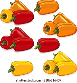 Three each red, yellow, and orange mini sweet peppers for banners, flyers, posters, social media. Capsicum. Fresh organic vegetables. Cartoon style. Vector illustration isolated on white background.