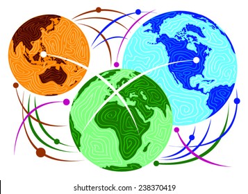 three earth views, Australia, North America, Africa, oceans and islands