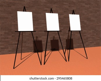 Three easel for your design in a room with red floor and dark brown brick walls. Stands cast a shadow from the sun. Gender of red tiles.
