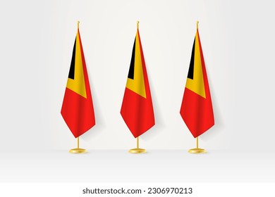 Tres banderas de Timor Oriental en fila en un puesto dorado, ilustración de la conferencia de prensa y otras reuniones. Ilustración vectorial.