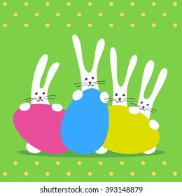Three easter bunnies and three colorful easter eggs. Template easter background. Funny easter rabbits. Vector illustration.