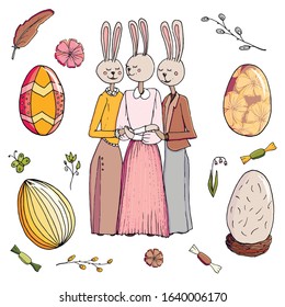 Three Easter bunnies set. Elegant three rabbits in dresses, Easter elements, colored eggs, candy.