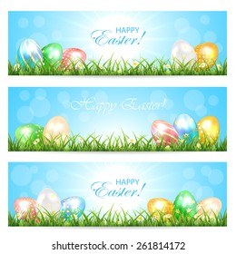 Three Easter cards with colorful eggs in the grass and Sun, illustration.