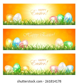 Three Easter cards with multicolored eggs in the grass and Sun, illustration.