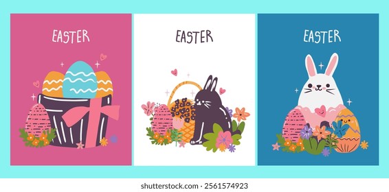 Three Easter cards with rabbits and eggs. The first card has a basket of eggs, the second has a rabbit holding a basket of eggs, and the third has a rabbit holding a basket of eggs and a heart