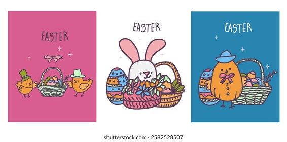 Three Easter cards with rabbits and eggs. The first card has a basket of eggs, the second has a rabbit holding a basket of eggs, and the third has a rabbit holding a basket of eggs and a heart