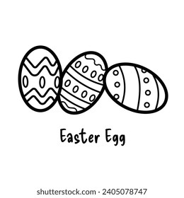 Three easter egg with patterned skin shell vector icon illustration outlined isolated on plain white background. Simple flat cartoon art styled drawing.