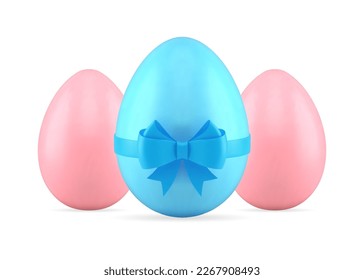 Tres huevos de Pascua rosa azul presentan sorpresa con cinta de arco Icono 3d ilustración vectorial realista. Escándalo tradicional de vacaciones pintado elemento decorativo diseño premium para celebración festiva