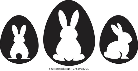 Three easter eggs containing silhouetted rabbits in various poses