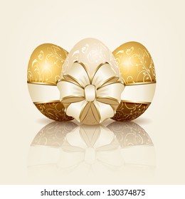 Three Easter eggs with decorative elements and ribbon, illustration.