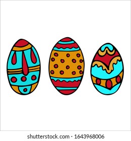 Three Easter eggs with different patterns in the same color scheme. Vector graphics.