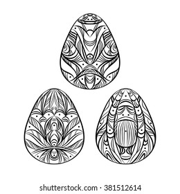 three easter eggs, graphic drawing, coloring