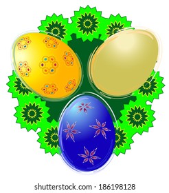 Three Easter eggs with green wreath