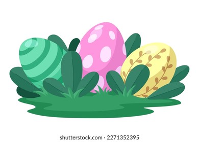 Three Easter eggs lie in the grass on the lawn. Cartoon element for Egg hunting and other Easter design design. Green, yellow and pink egg hidden in the grass, Isolated on white background. Stock vect