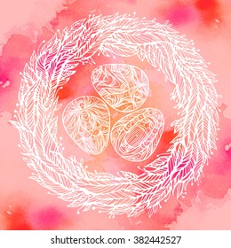 three easter eggs in the nest on a pink background, graphic drawing, coloring, vector illustration
