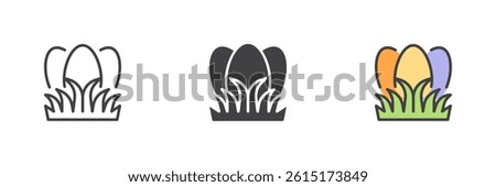 Three Easter eggs nestled in grass different style icon set. Line, glyph and filled outline colorful version, outline and filled vector sign. Symbol, logo illustration. Vector graphics