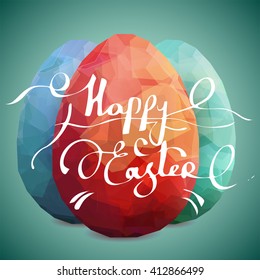 Three Easter eggs on aquamarine background. Vector eggs easter design template. Modern Vector Premium illustration. Turquoise color square background editable template. 