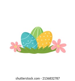 Three Easter eggs on the floor with flowers.Vector illustration in cartoon style.