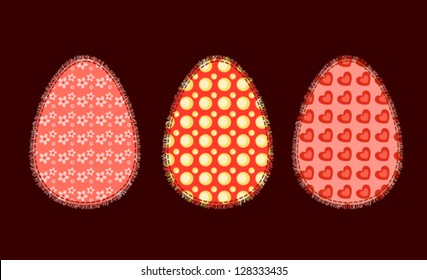 Three Easter eggs in the patchwork style. Vector illustration.