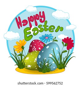 Three Easter eggs with a pattern, flowers, grass, clouds and lettering.Greeting card for the holiday with lettering. Sticker.