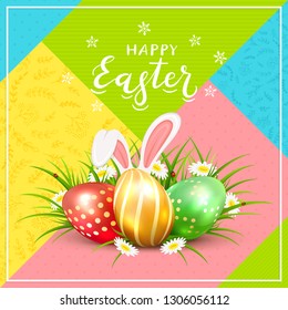 Three Easter eggs with rabbit ears in grass with flowers, ladybugs and lettering Happy Easter on colorful background, illustration.