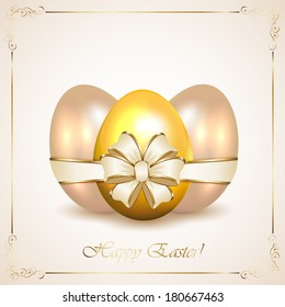 Tres huevos de Pascua con cinta y marco floral, ilustración.
