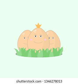 Three Easter eggs with satisfied emotions in the middle of the artboard in gentle tones. Vector illustration